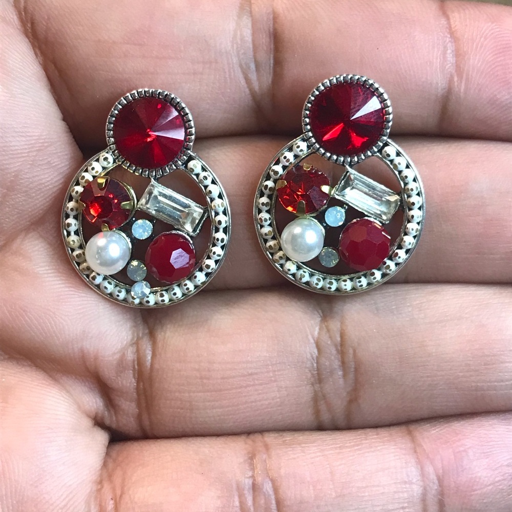 Vintage Red and Silver Circle Gemstone Rhinestone Earrings